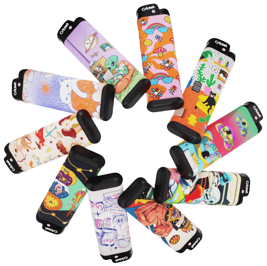 10 customized lighters in a circular pattern.