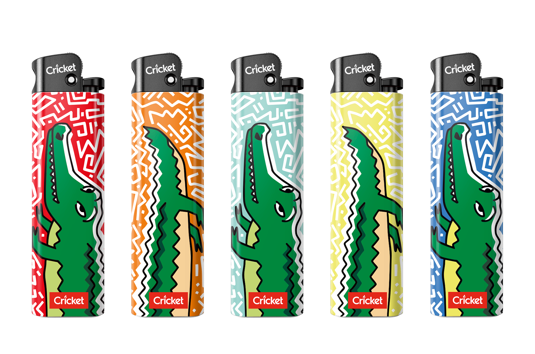 The "Crocodile Lifestyle" collection features a quirky green crocodile in fun, expressive poses, set against bold backgrounds with African-inspired patterns and bright colors.
