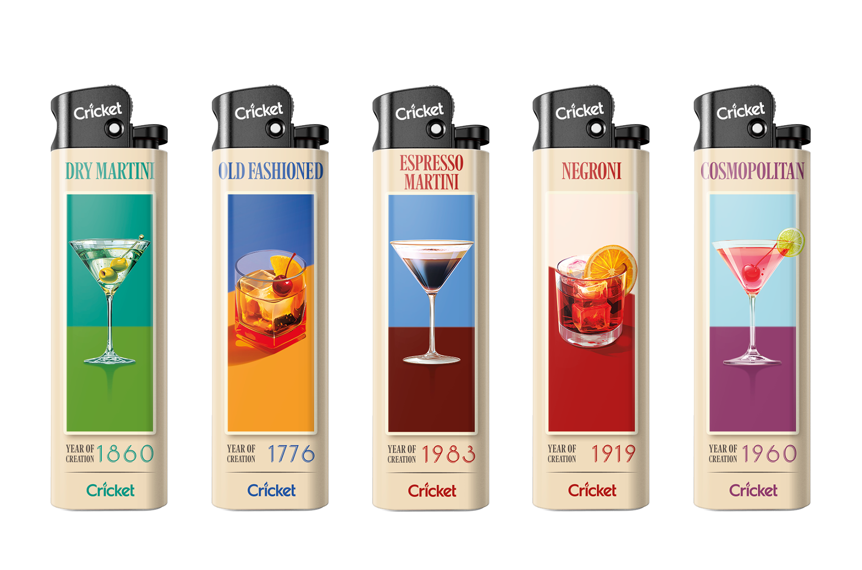 Each lighter in the Mixology collection celebrates a legendary cocktail. These five styles bring together the drink’s ingredients and origin year, turning mixology into visual storytelling. 