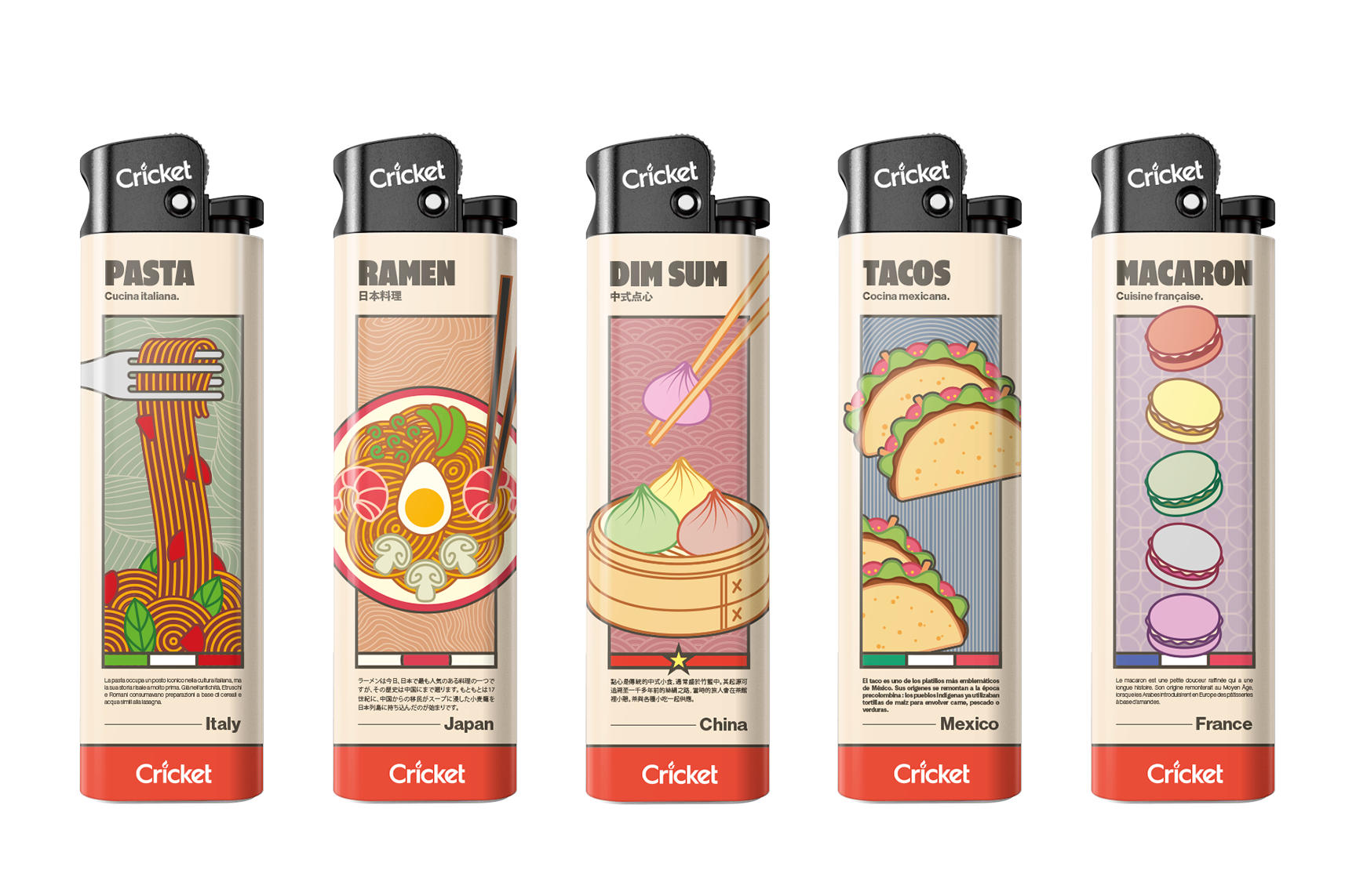 This collection takes inspiration from culinary legends. From Italy’s pasta swirl to Japan’s ramen bowl, each lighter is a visual snack. Dim sum, tacos, and macarons round out the menu, bringing a mix of comfort, crunch, and sweet delight.