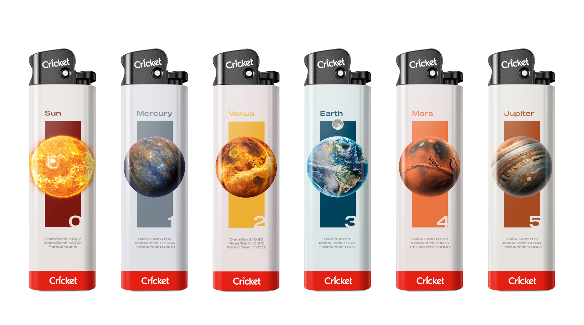 The collection Solar System features nine lighters, each dedicated to a planet or the star that keeps our system spinning. From the blazing Sun to icy Neptune, each design pairs stunning visuals with real astronomical data.